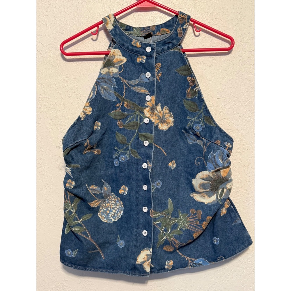 SHEIN Floral Denim Halter Top Blue Button Down Ruched Sleeveless Blouse Large